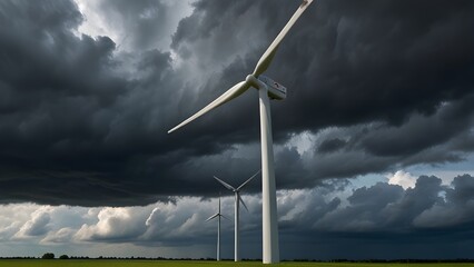   A wind turbine standing tall against a stormy sky