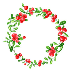 Watercolor round frame of juicy fresh cowberry and butterflies. Hand drawn watercolor illustration. For menus, labels, postcards. Berry, frame