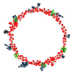 Watercolor round frame of juicy fresh black currants, red currants and butterflies. Hand drawn watercolor illustration. For menus, labels, postcards. Berry, frame