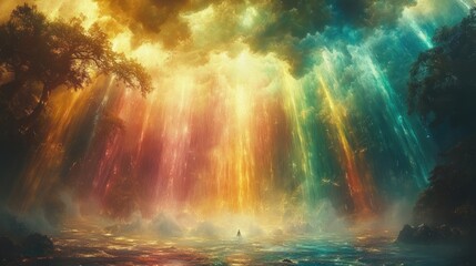 Fototapeta premium Mystical forest bathed in vibrant light, a figure in the center