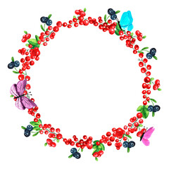 Watercolor round frame of juicy fresh red and black currants, blueberries and butterflies. Hand drawn watercolor illustration. For menus, labels, postcards. Berry, frame
