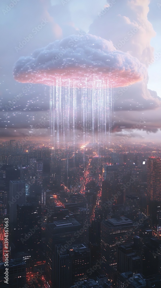 Poster cloud computing over a city at night. digital data streams from a large cloud