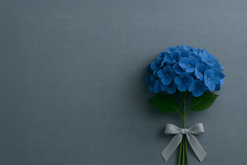 Blue Hydrangea Bouquet with Silver Ribbon on Gray Background – Elegant Floral Gift
グレー背景にシルバーリボン付きの青い紫陽花のブーケ ― 上品なフローラルギフト

