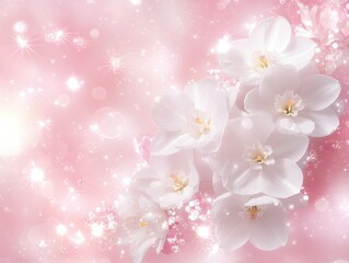 Close Up White Blossoms and Sparkles on Pink Background Delicate Floral Arrangement Creates a Beautiful and Dreamy Festive Image with Tender Petals for Celebration