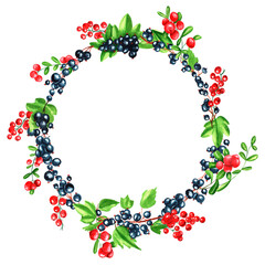 Watercolor round frame of juicy fresh sea ​​​​buckthorn, cowberries, red and black currants, blueberries and butterflies. Hand drawn watercolor illustration. For menus, labels, postcards. Berry, frame