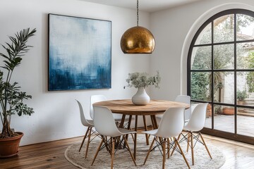 
Dining room with round wooden table, white chairs, and light blue abstract artwork. Brass pendant chandelier and arched doorway.