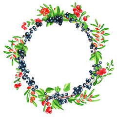 Watercolor round frame of juicy fresh sea ​​​​buckthorn, cowberries, black currants, blueberries and butterflies. Hand drawn watercolor illustration. For menus, labels, postcards. Berry, frame