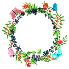 Watercolor round frame of juicy fresh sea ​​​​buckthorn, cowberries, red and black currants, blueberries and butterflies. Hand drawn watercolor illustration. For menus, labels, postcards. Berry, frame