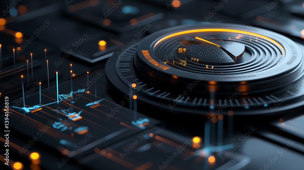 Poster a conceptual 3d business data environment with semi-transparent glowing graphs, rotating pie charts,