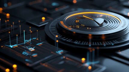 A conceptual 3D business data environment with semi-transparent glowing graphs, rotating pie charts, and numerical KPIs over a sleek reflective base, digital data pulses