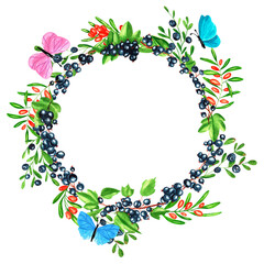 Watercolor round frame of juicy fresh sea ​​​​buckthorn, black currants, blueberries and butterflies. Hand drawn watercolor illustration. For menus, labels, postcards. Berry, frame