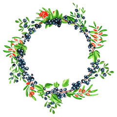 Watercolor round frame of juicy fresh sea ​​​​buckthorn, black currants, blueberries and butterflies. Hand drawn watercolor illustration. For menus, labels, postcards. Berry, frame