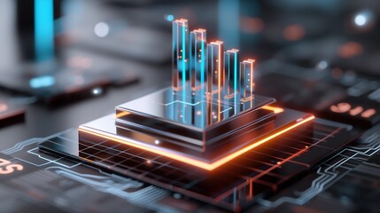 A futuristic business data statistics scene with a glowing 3D bar graph rising from a sleek glass surface, vibrant blue and orange color-coded data bars, digital numbers
