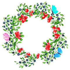 Watercolor round frame of juicy fresh cowberries, blueberries and butterflies. Hand drawn watercolor illustration. For menus, labels, postcards. Berry, frame