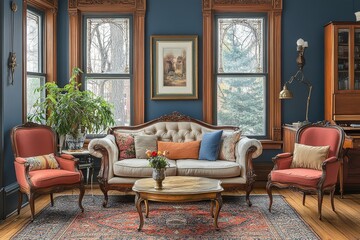 Fototapeta premium Victorian home interior with modern blue walls, vintage furniture, rich wood floors, and traditional accents. Brass side table and art print.
