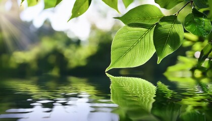 小川の水面に映る新緑の木々とその葉が静かに揺れ、微細な水滴が光を反射するクローズアップ。春の清々しい空気と自然の静けさが感じられ、リラックスした雰囲気が広がります。

