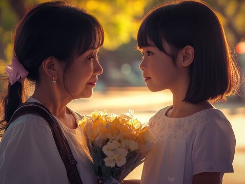 Grandmother and Granddaughter in Golden Light Share Flowers with Smiling Faces and Loving Gaze in a Sweet Moment Wearing White Clothes