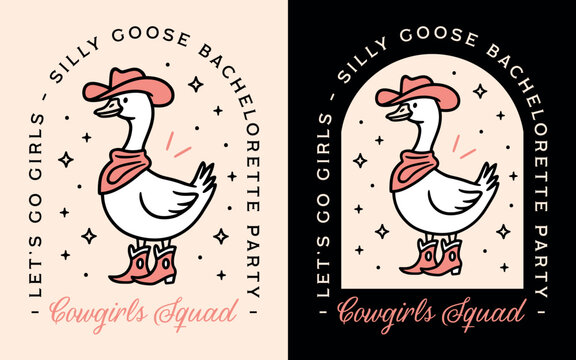 Bachelorette party silly goose theme cowgirls squad club girly aesthetic country girl funny quotes let's go girls. Retro pink black farm animal cowboy hat boots bridesmaid bride matching shirt design.