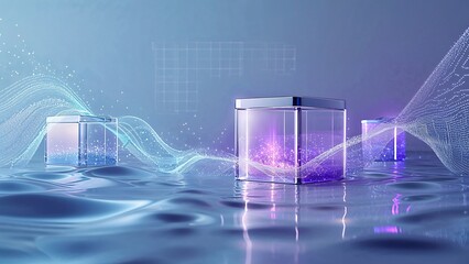 High-tech visual of AI analyzing a data lake, set against a soft, gradient blue background, with intricate, swirling patterns of tiny, glowing data particles flowing into sleek, modern, transparent 