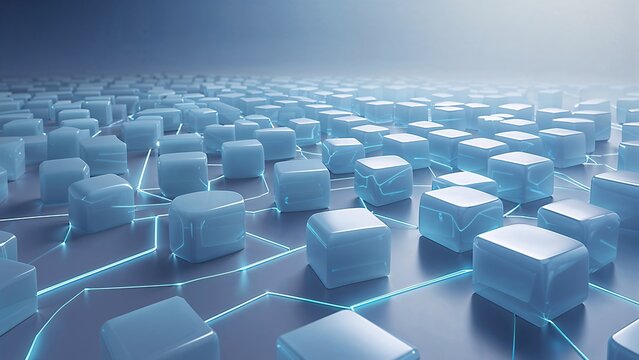 Floating in a pristine, minimalist space, a mesmerizing network of glowing blue lines weave together a labyrinth of translucent, cuboidal data blocks, each facet reflecting a soft, icy glow,