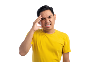 Unhealthy young Asian man suffering from headache, pressing finger to temple with pain facial expression isolated on transparent background