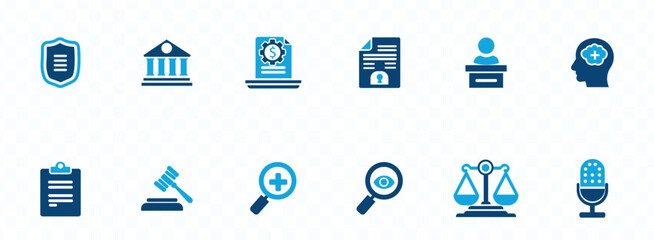 Regulation icon set . Authority, evidence, implementation, objective, guide, association, society, vision, mutineer solid vector 