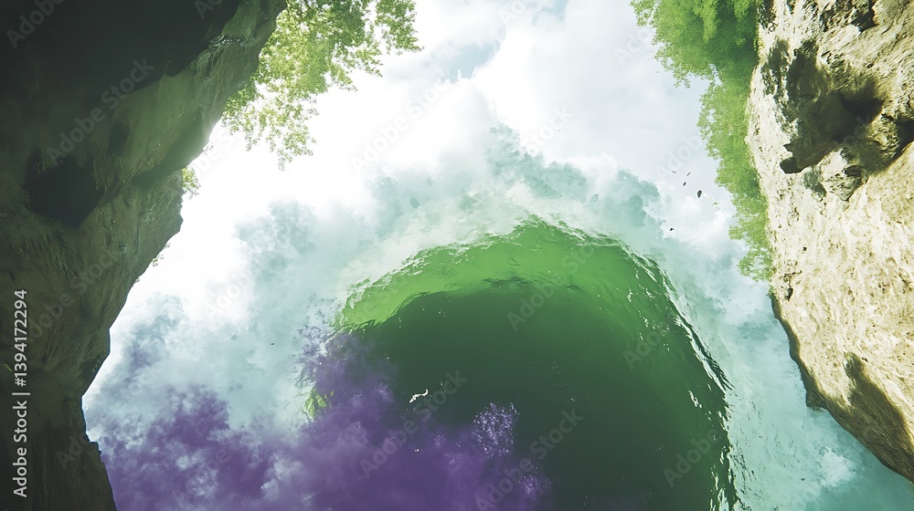 Poster sunlight filtering through a calm pool of water, reflecting the sky and trees