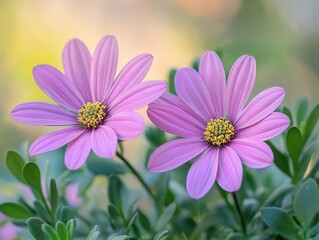 Fototapeta premium Pair of Pink Purple Osteospermum Flowers with Yellow Centers in Garden Close Up View with Green Leaves and Soft Bokeh Background