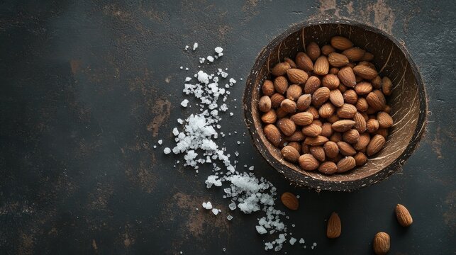 a top-down view of a rustic coconut shell bowl filled with salted roasted almonds, surrounded by a few scattered nuts and coarse sea salt crystals the almonds have a rich, deep brown color with