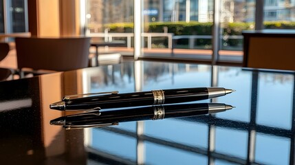 Fototapeta premium Black luxury pen on a reflective table near a window, reflecting the city.