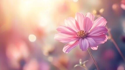 Radiant Cosmos Flower, Delicate Pink Petals, Golden Center, Soft Bokeh Background