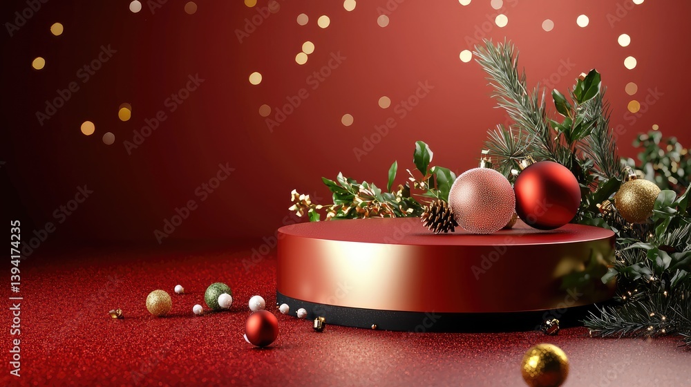 Poster brightly lit red podium on a soft gradient red backdrop, christmas 3d rendering.