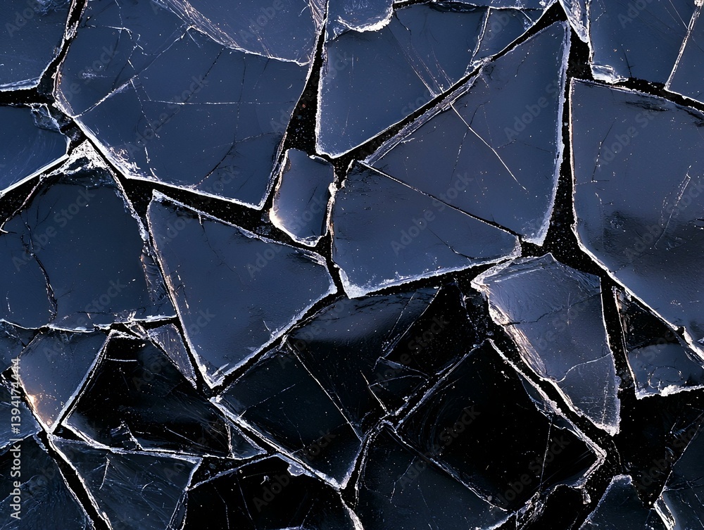 Poster abstract image of cracked dark blue ice, showcasing intricate textures and patterns. ideal for backg