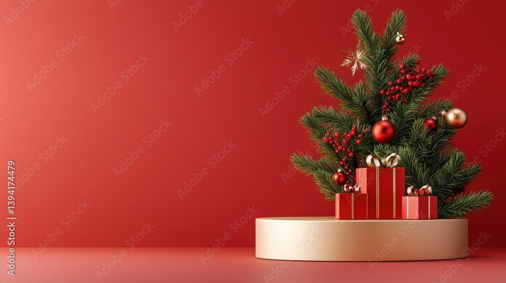 Poster brightly lit red podium on a soft gradient red backdrop, christmas 3d rendering.