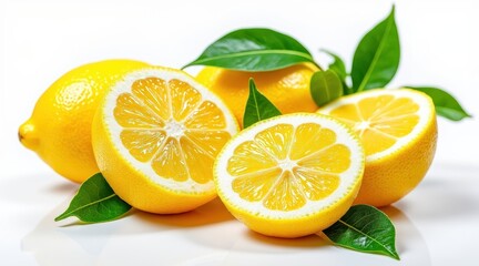 Fresh, vibrant lemons with green leaves, sliced and whole, showcasing their juicy texture and bright yellow color.