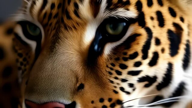 Close-up of a jaguar's intense gaze, showcasing its unique spotted coat and piercing eyes, concept for wildlife photography, nature documentaries, and animal print designs