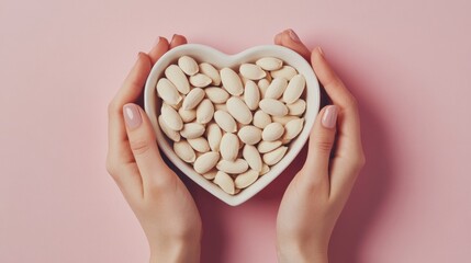 Obraz premium a close-up shot of feminine hands holding a heart-shaped dish overflowing with peeled almonds, symbolizing nutrition and well-being the hands are positioned gracefully, with slightly curved fingers