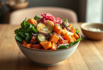 A Buddha Bowl Salad with roasted sweet potatoes, Brussels sprouts, and pickled ginger on a natural wood table