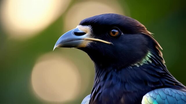 Close-up of a Montezuma Oropendola's head against a bokeh background, showcasing its iridescent plumage and striking features; concept for wildlife photography, nature documentaries, and avian-themed