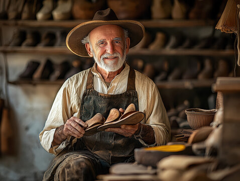 A smiling elderly craftsman proudly displays handcrafted wooden shoe lasts in his rustic workshop filled with vintage footwear and tools showcasing generations of skilled