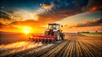 Fototapeta premium Precision Agricultural Trailed Seeder in Action A Closeup View of Modern Farming Equipment showcasing Efficiency and