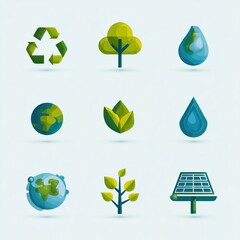 Obraz premium A collection of green and blue vector icons representing nature, water, energy, and the planet.