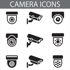 Set of 9 Black Security Camera Icons for CCTV and Surveillance Systems – Digital Use