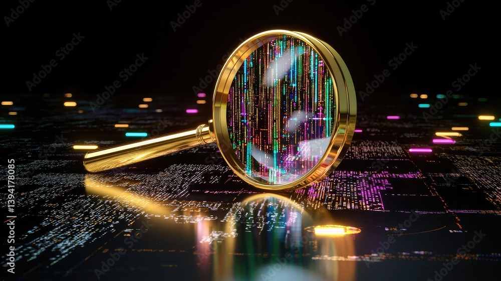Aufkleber cyber-themed analysis concept with a glowing magnifying glass and digital data streams.