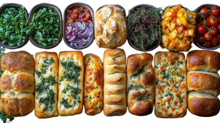 Artisan Breads and Fresh Ingredients: A collection of delectable artisan breads alongside a vibrant array of fresh, whole food ingredients, perfect for culinary creations.