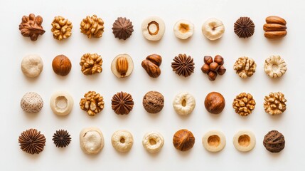 Fototapeta premium Elegant composition of nuts forming concentric circular patterns, alternating between simplified line drawings and actual nuts, warm earth tone palette, crisp high-resolution detail showing natural