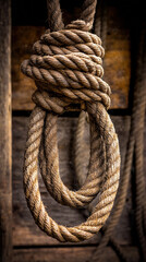 Obraz premium A thick, weathered hemp rope is tightly knotted in a noose shape hanging against a dark rustic wooden background creating a dramatic and textured image perfect for thematic