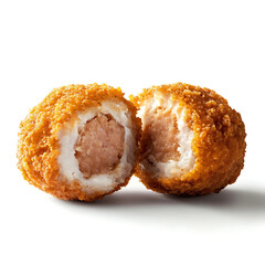 Golden and crispy chicken nuggets with a perfectly fried crust and tender meat inside, isolated white background, hyperrealism art style