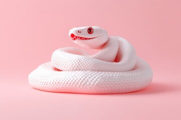 Fototapeta premium White snake coiled on pink background