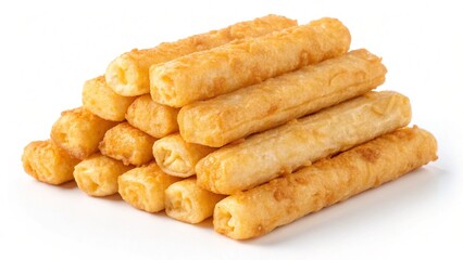Pile of tasty cheese sticks isolated on white